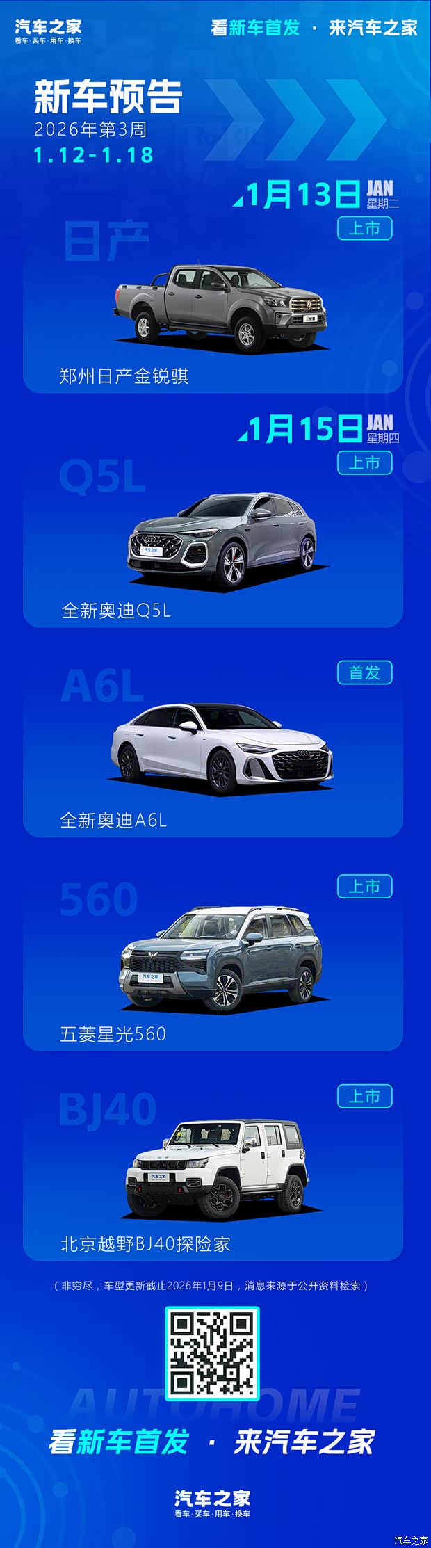 全新奥迪Q5L/全新奥迪A6L等 2026年第3周(1.12-1.18)新车预告